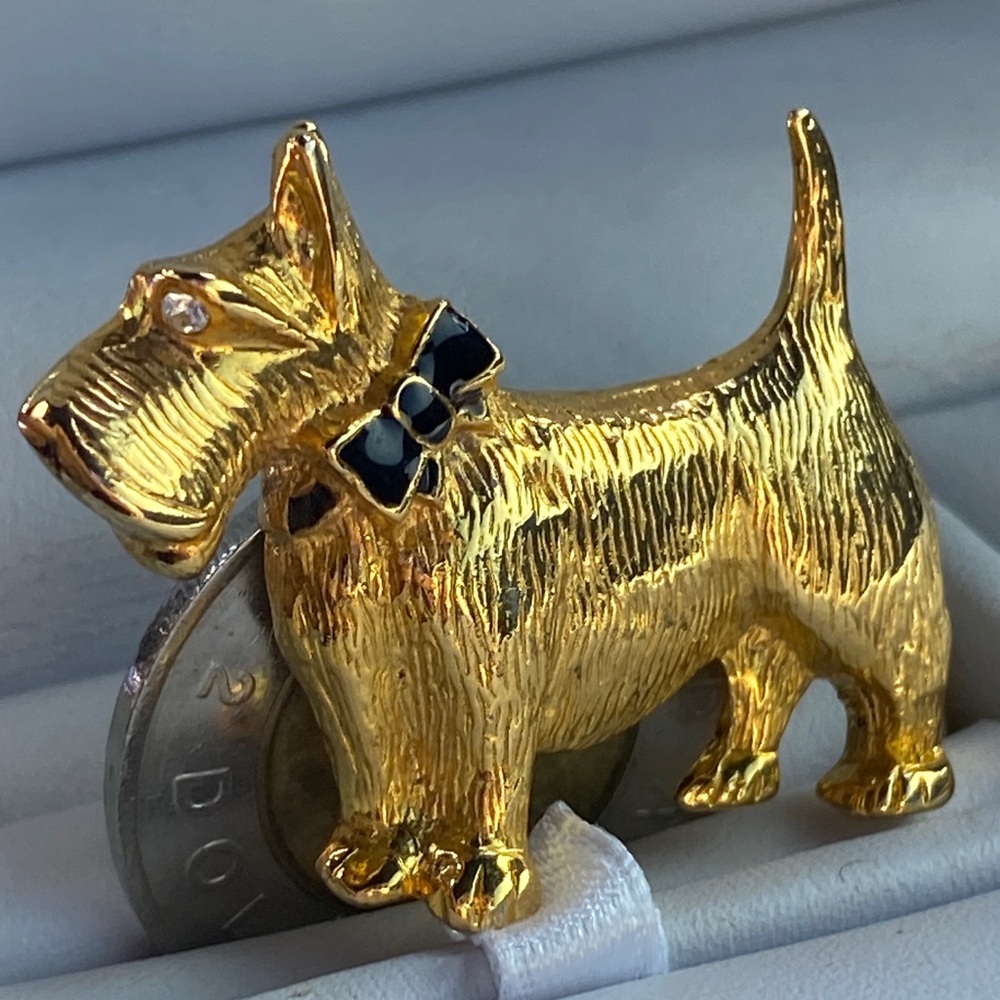 Vintage Gold Scottie Dog Brooch with Black Bow